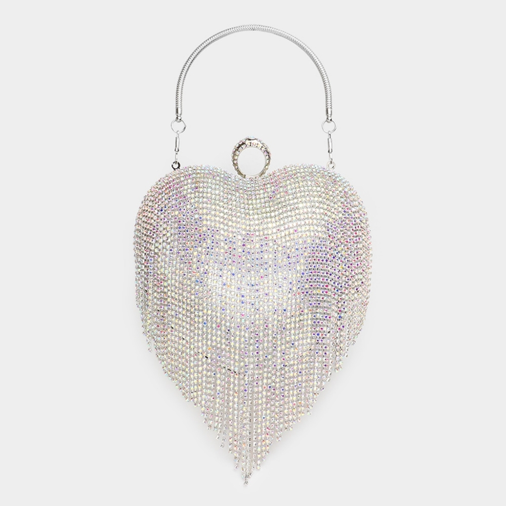 Abalone Crystal Rhinestone Heart Fringe CrossBody Purse Bling Clutch Fashion Bag